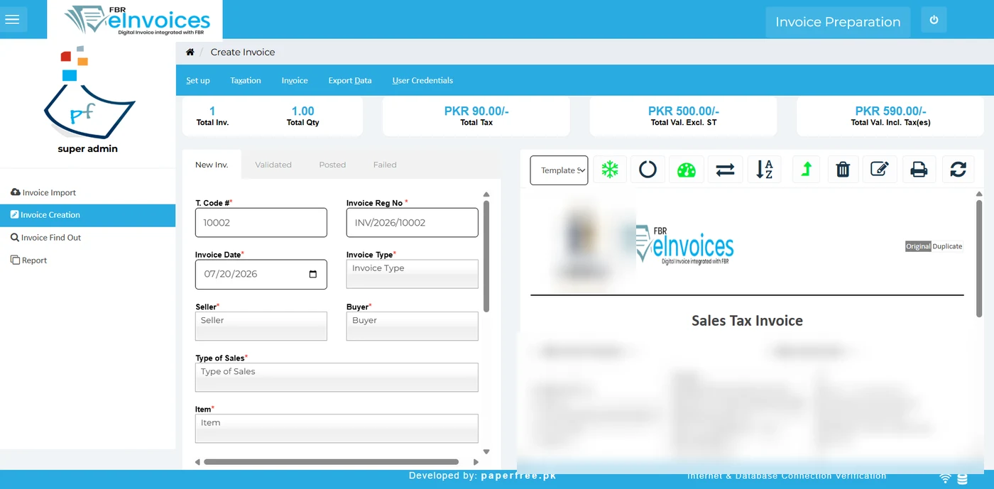 Invoice creation screen